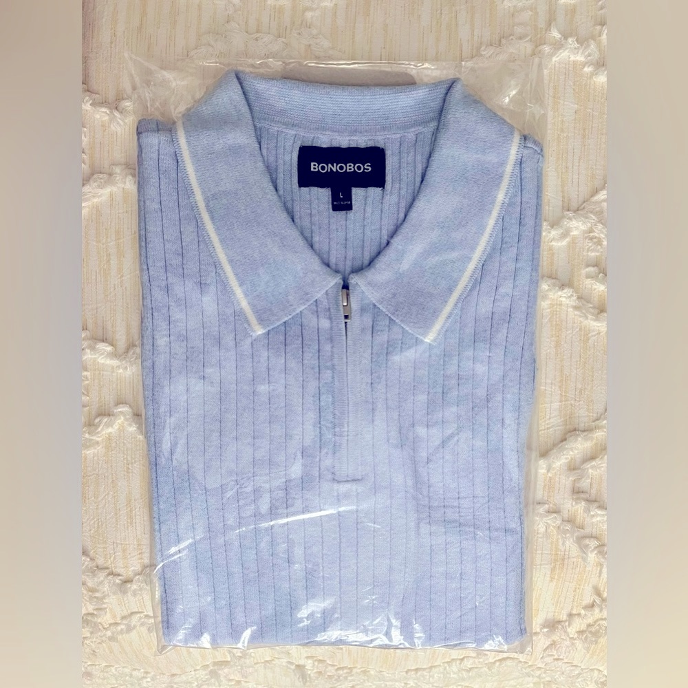 Bonobos Men’s Sweater Polo, NEW, Soft Air Zip, Size LARGE, Light Blue